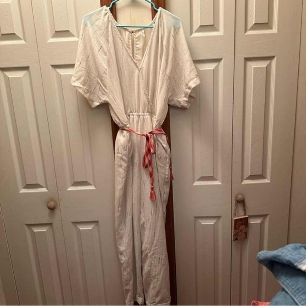 Anthropologie Cream Lightweight Jumpsuit with Coral Tie